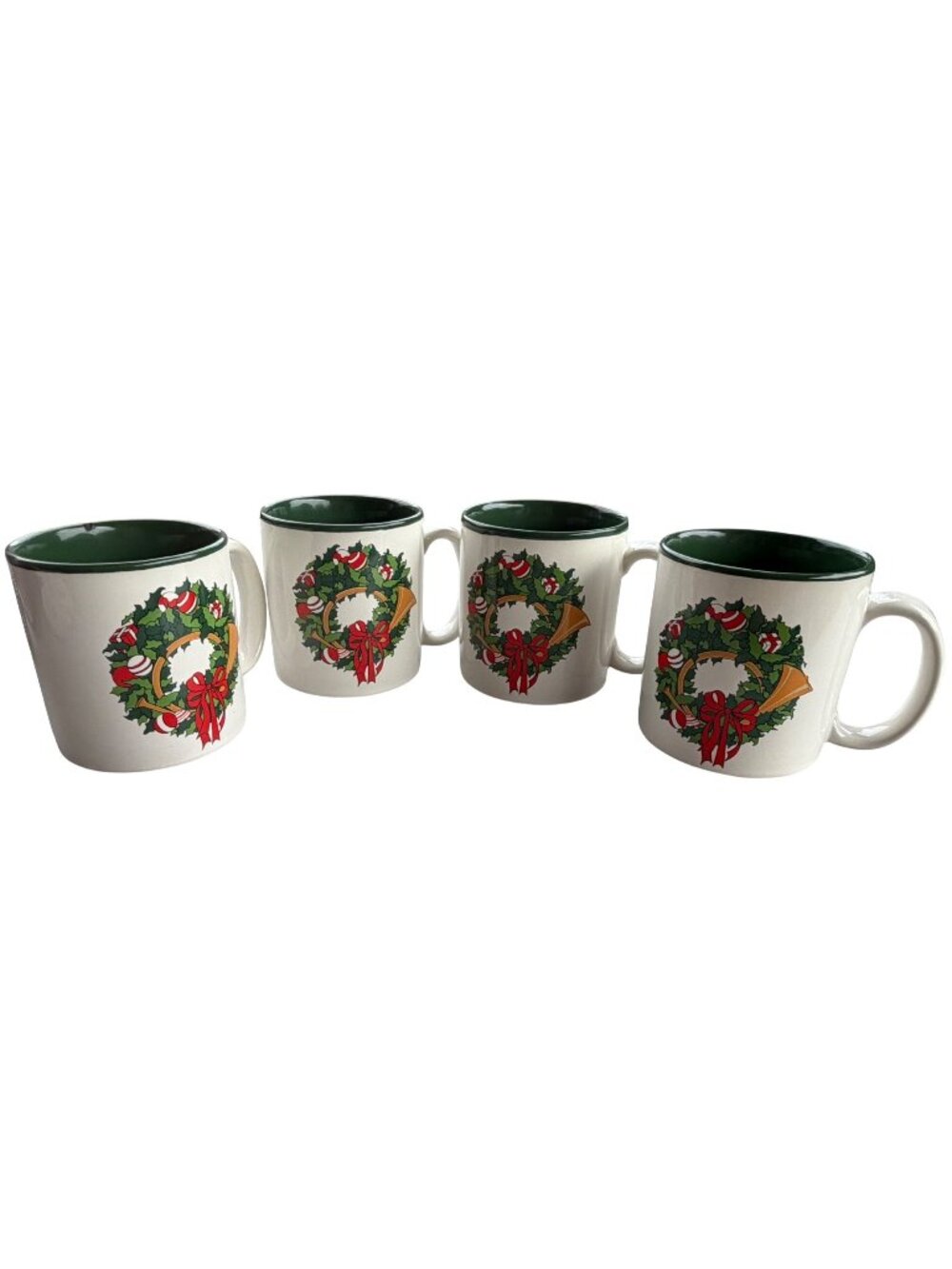Set of 4 VINTAGE Christmas Holiday Wreath 12 oz. Stoneware Mugs 3.5" Tall